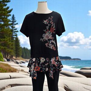 W5 Black Embroidered Floral Layered Hem Blouse Medium Boho Cottagecore Top
